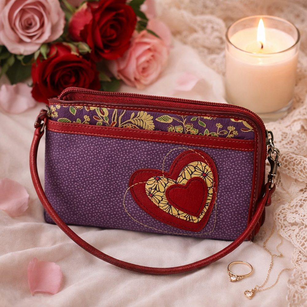 Fossil Heart Wristlet Purple Red Floral Zip Pouch Leather Trim Boho Clutch